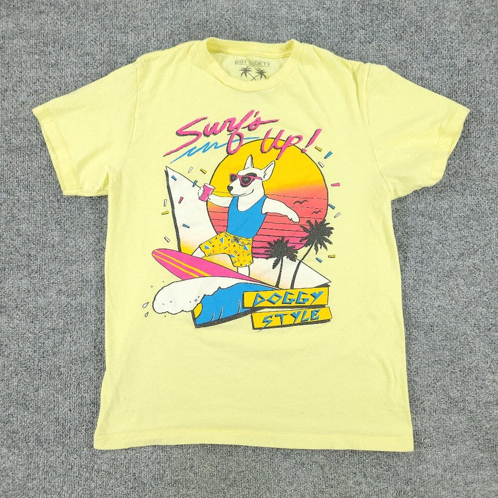 Riot Society Shirt Men's Medium Yellow Surfs Up Doggy Style Graphic Short Sleeve